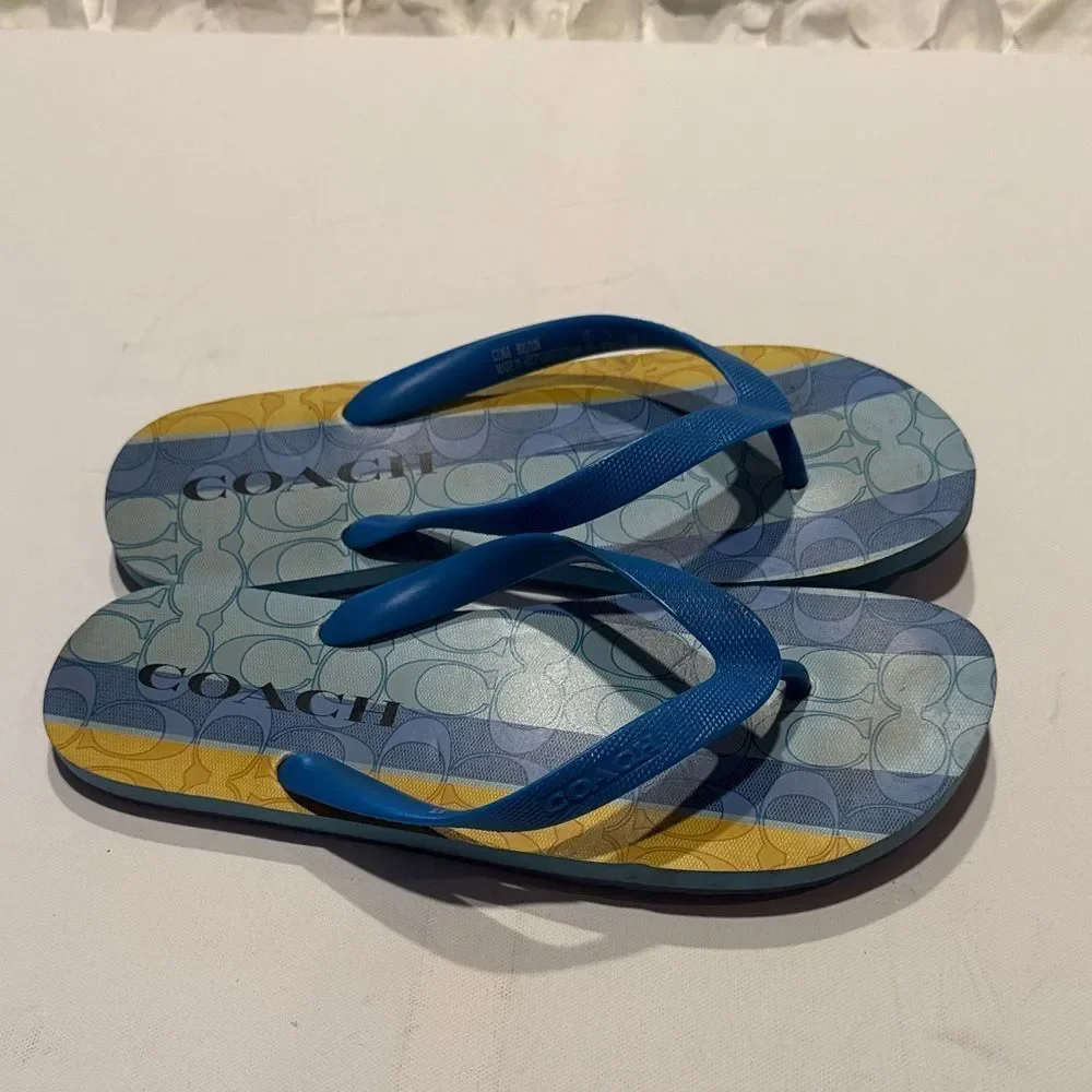 Coach Monogram Navy and Gold Beach Sandals